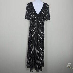 Whimsigoth Babydoll Maxi Dress 4XL Black Polka Dot Lace Trim V-Neck Bow Long